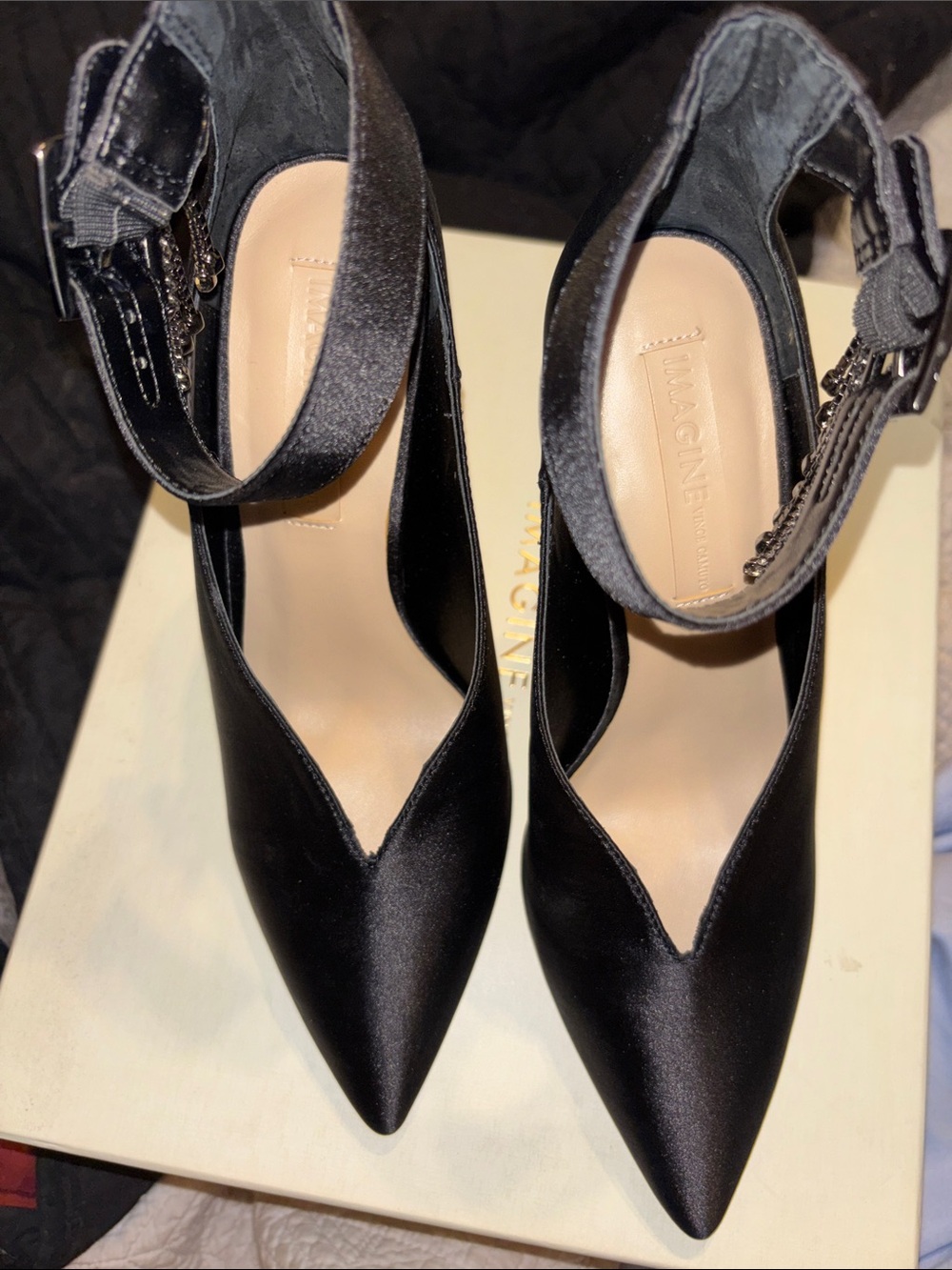 Imagine Black Satin Pointed-Toe Ankle-Strap Heels